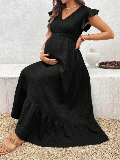 Women's Blue Maternity Deep V Neck A-Line Dress with Shirred High Waist and Ruffle Hem Cap Sleeve Long Casual Summer Gown