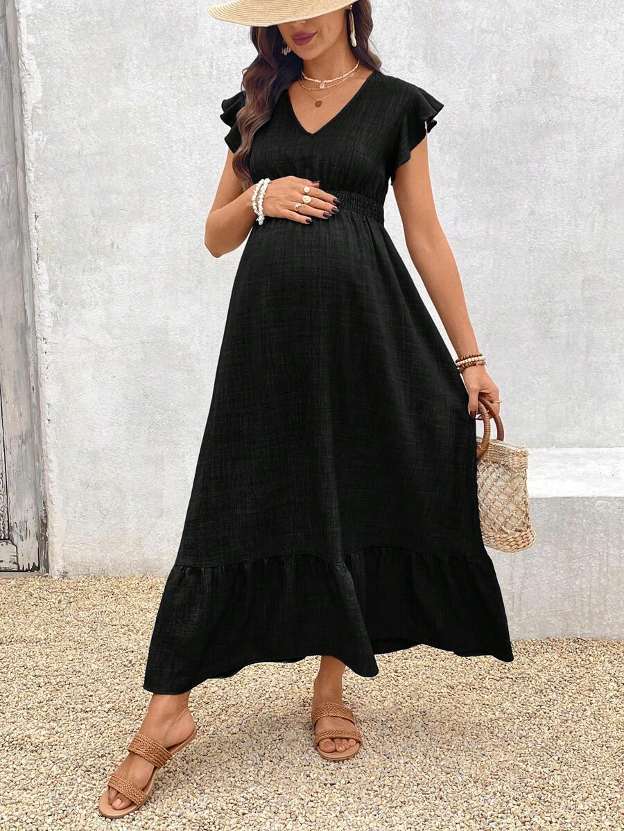 Women's Blue Maternity Deep V Neck A-Line Dress with Shirred High Waist and Ruffle Hem Cap Sleeve Long Casual Summer Gown