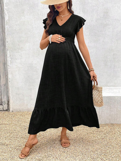 Women's Blue Maternity Deep V Neck A-Line Dress with Shirred High Waist and Ruffle Hem Cap Sleeve Long Casual Summer Gown