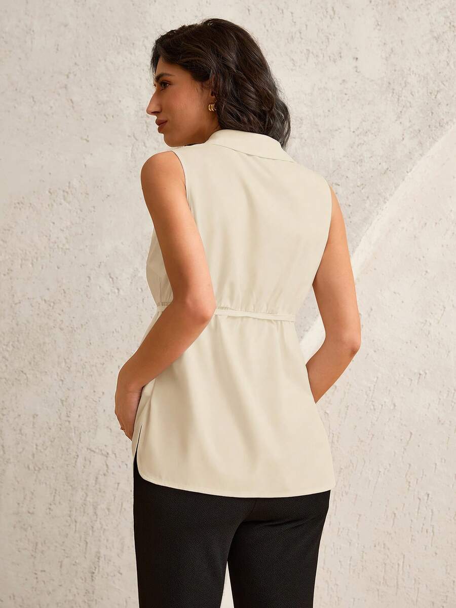 Maternity Shirt Collar Blouse - Belted Waist, Flared Hem, Regular Fit, White