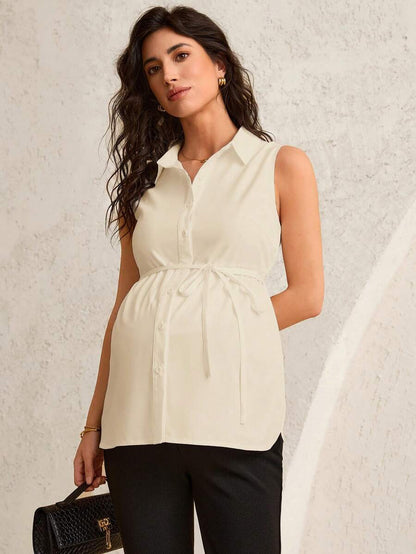 Maternity Shirt Collar Blouse - Belted Waist, Flared Hem, Regular Fit, White