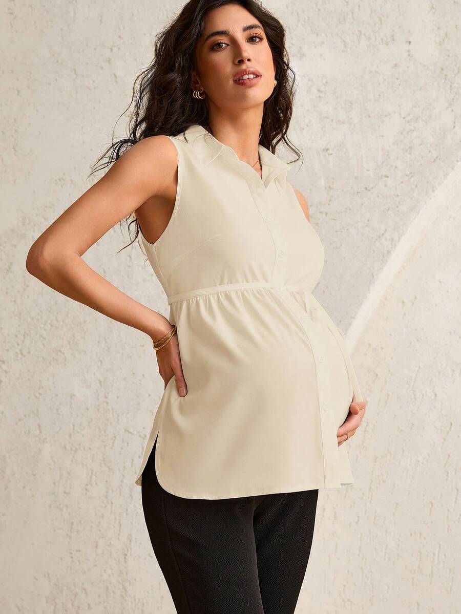 Maternity Shirt Collar Blouse - Belted Waist, Flared Hem, Regular Fit, White