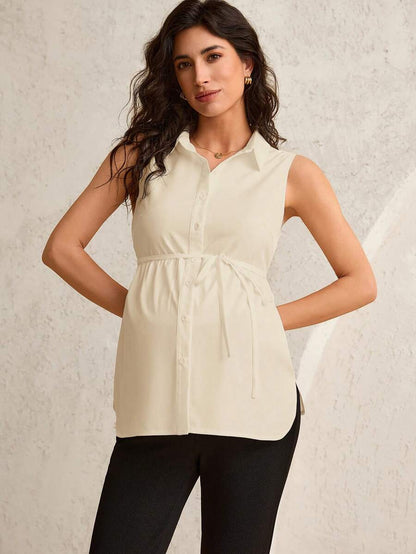 Maternity Shirt Collar Blouse - Belted Waist, Flared Hem, Regular Fit, White