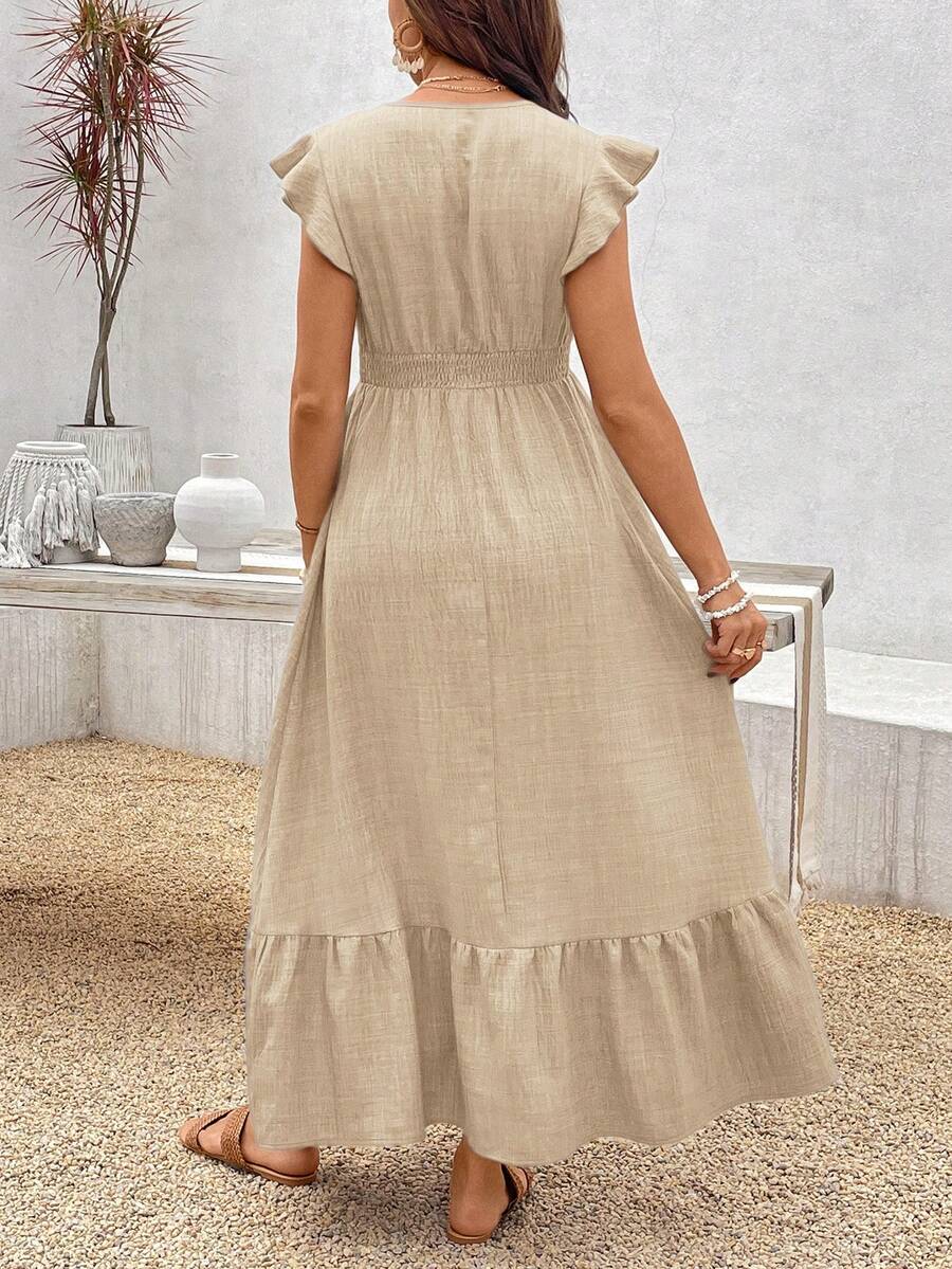 Women's Blue Maternity Deep V Neck A-Line Dress with Shirred High Waist and Ruffle Hem Cap Sleeve Long Casual Summer Gown