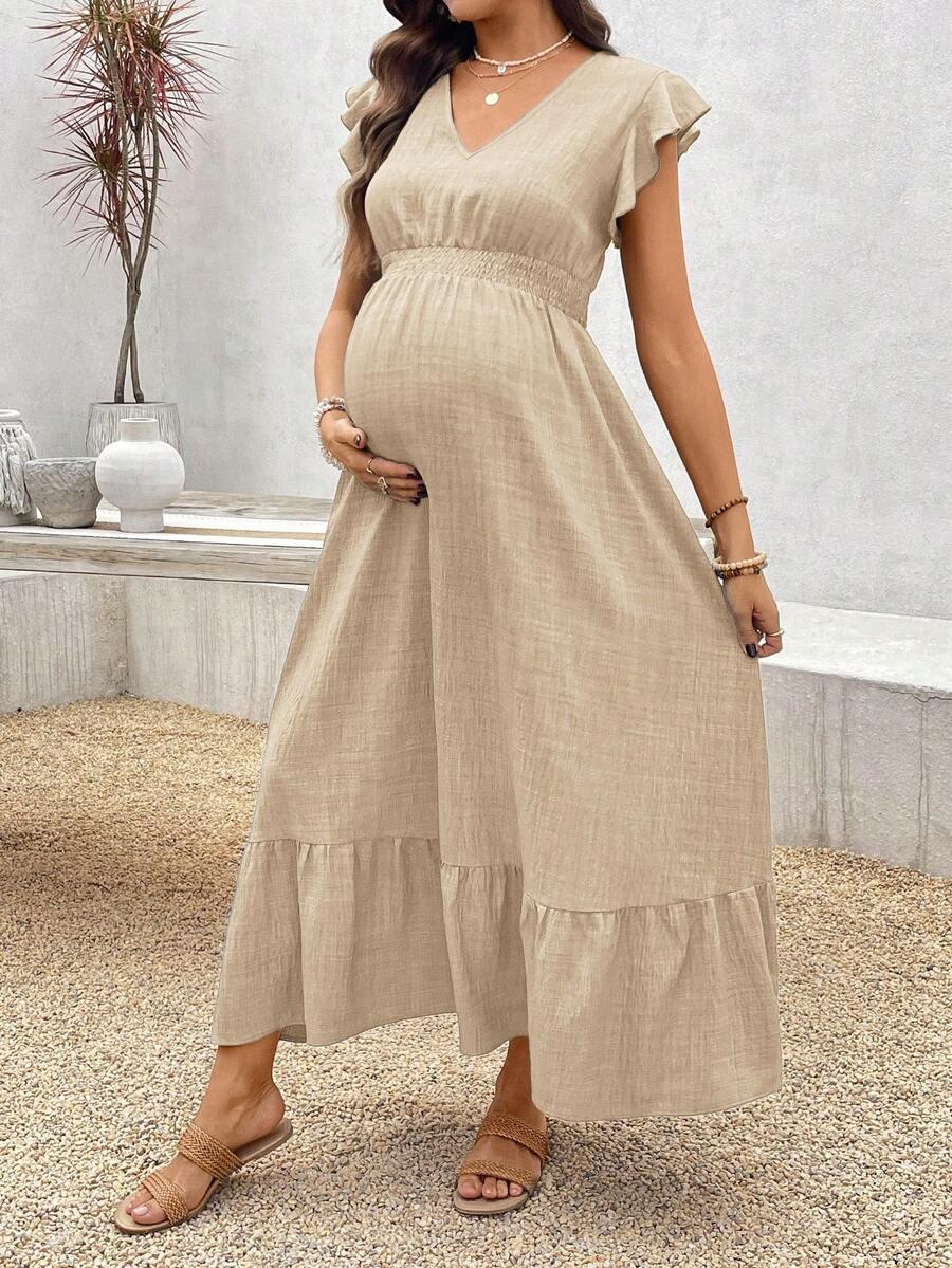 Women's Blue Maternity Deep V Neck A-Line Dress with Shirred High Waist and Ruffle Hem Cap Sleeve Long Casual Summer Gown