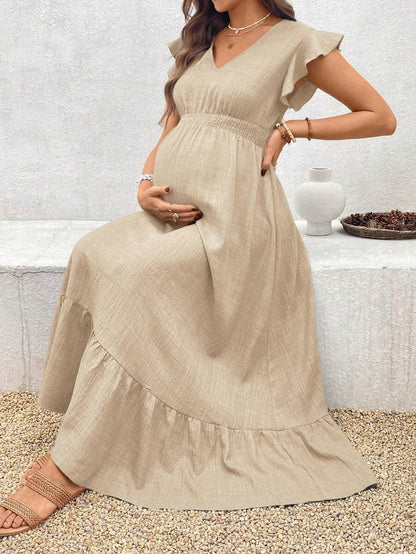 Women's Blue Maternity Deep V Neck A-Line Dress with Shirred High Waist and Ruffle Hem Cap Sleeve Long Casual Summer Gown