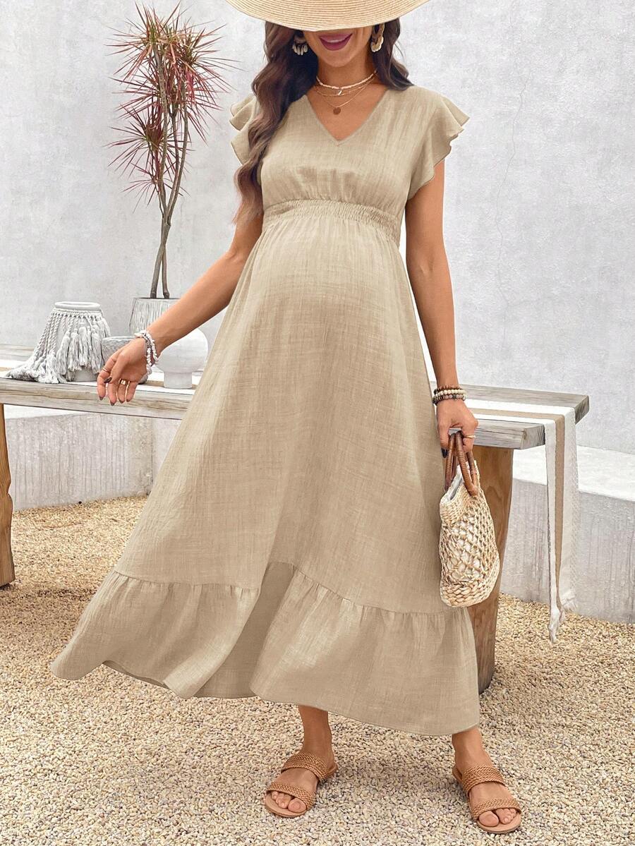 Women's Blue Maternity Deep V Neck A-Line Dress with Shirred High Waist and Ruffle Hem Cap Sleeve Long Casual Summer Gown