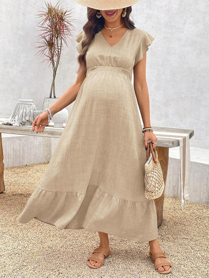 Women's Blue Maternity Deep V Neck A-Line Dress with Shirred High Waist and Ruffle Hem Cap Sleeve Long Casual Summer Gown