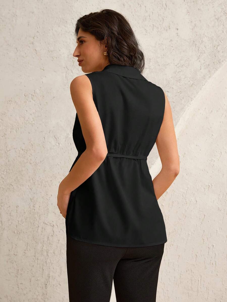Maternity Shirt Collar Blouse - Belted Waist, Flared Hem, Regular Fit, White