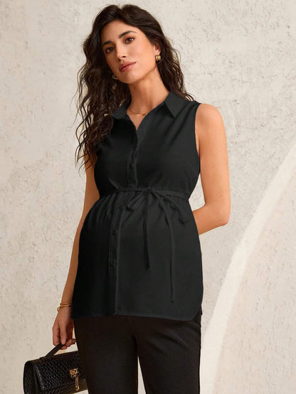 Maternity Shirt Collar Blouse - Belted Waist, Flared Hem, Regular Fit, White