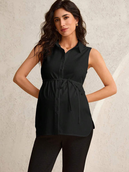 Maternity Shirt Collar Blouse - Belted Waist, Flared Hem, Regular Fit, White