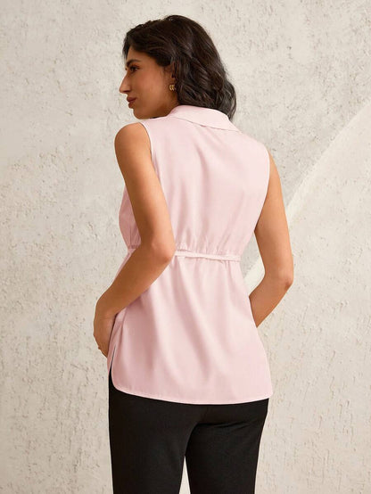 Maternity Shirt Collar Blouse - Belted Waist, Flared Hem, Regular Fit, White
