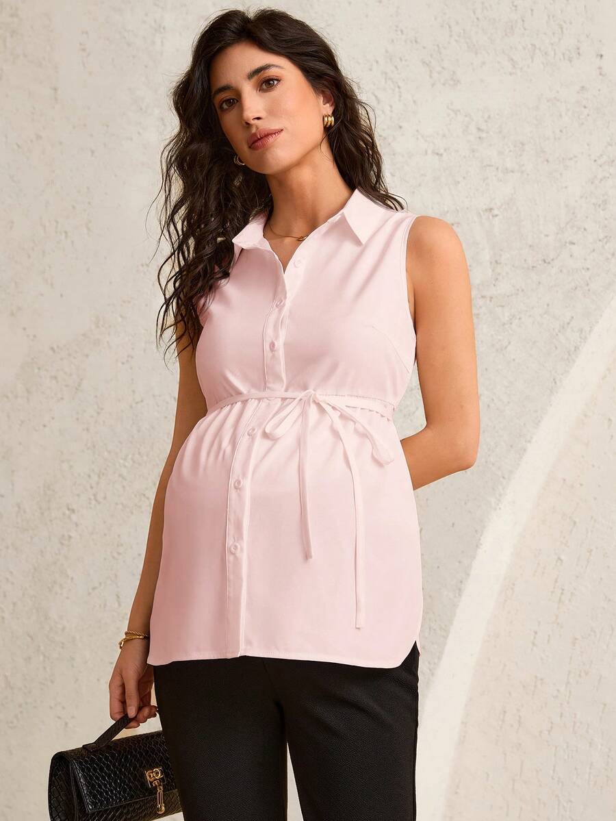 Maternity Shirt Collar Blouse - Belted Waist, Flared Hem, Regular Fit, White