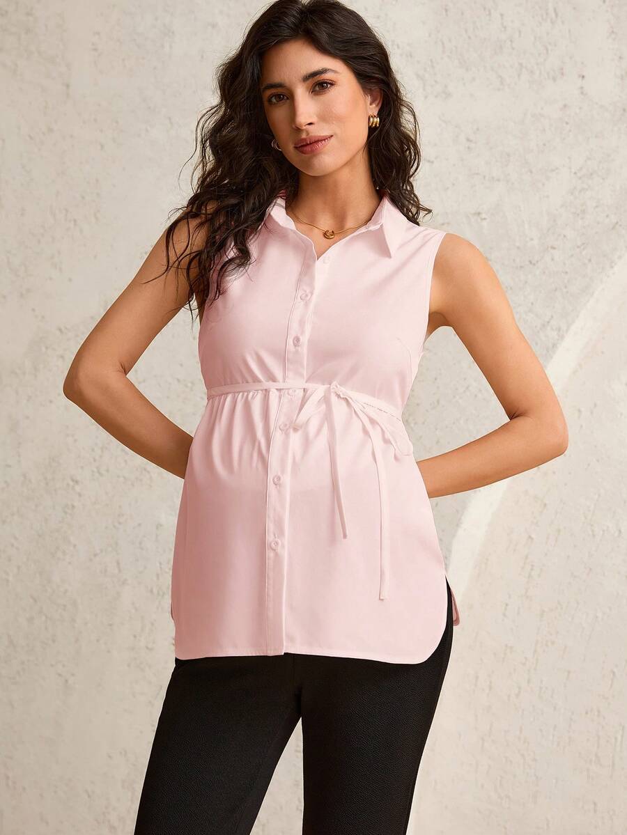 Maternity Shirt Collar Blouse - Belted Waist, Flared Hem, Regular Fit, White