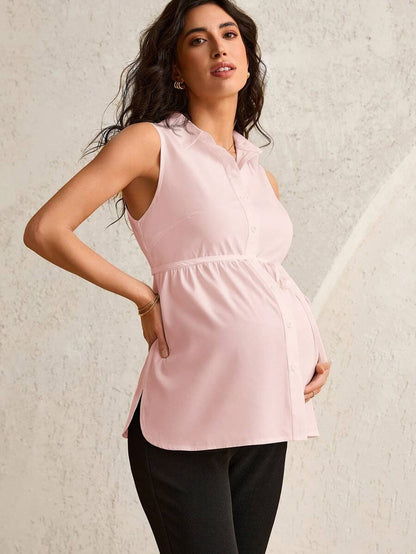 Maternity Shirt Collar Blouse - Belted Waist, Flared Hem, Regular Fit, White