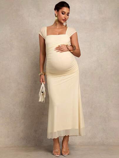 Pregnant Women's Solid Color Square Neck Ruched Fitted Fishtail Hem Elegant Dress Valentines Day Dress Elegant Dresses For Party