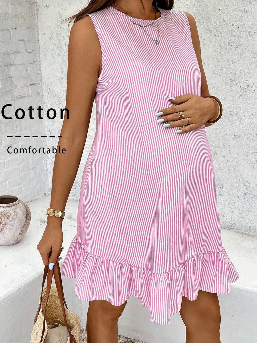 Maternity Casual Striped Ruffle Hem Sleeveless Dress Cotton V Neck Short Summer Sundress for Work Beach and Daily Wear Navy Blue