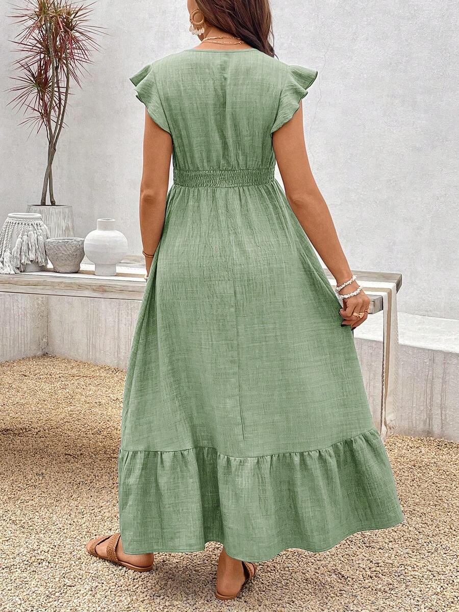 Women's Blue Maternity Deep V Neck A-Line Dress with Shirred High Waist and Ruffle Hem Cap Sleeve Long Casual Summer Gown