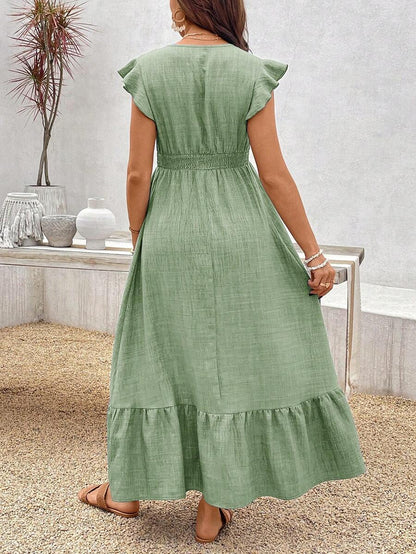 Women's Blue Maternity Deep V Neck A-Line Dress with Shirred High Waist and Ruffle Hem Cap Sleeve Long Casual Summer Gown