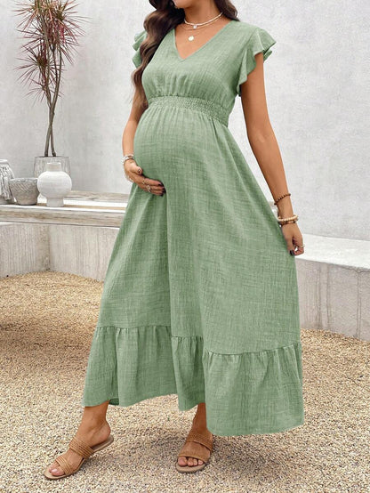 Women's Blue Maternity Deep V Neck A-Line Dress with Shirred High Waist and Ruffle Hem Cap Sleeve Long Casual Summer Gown