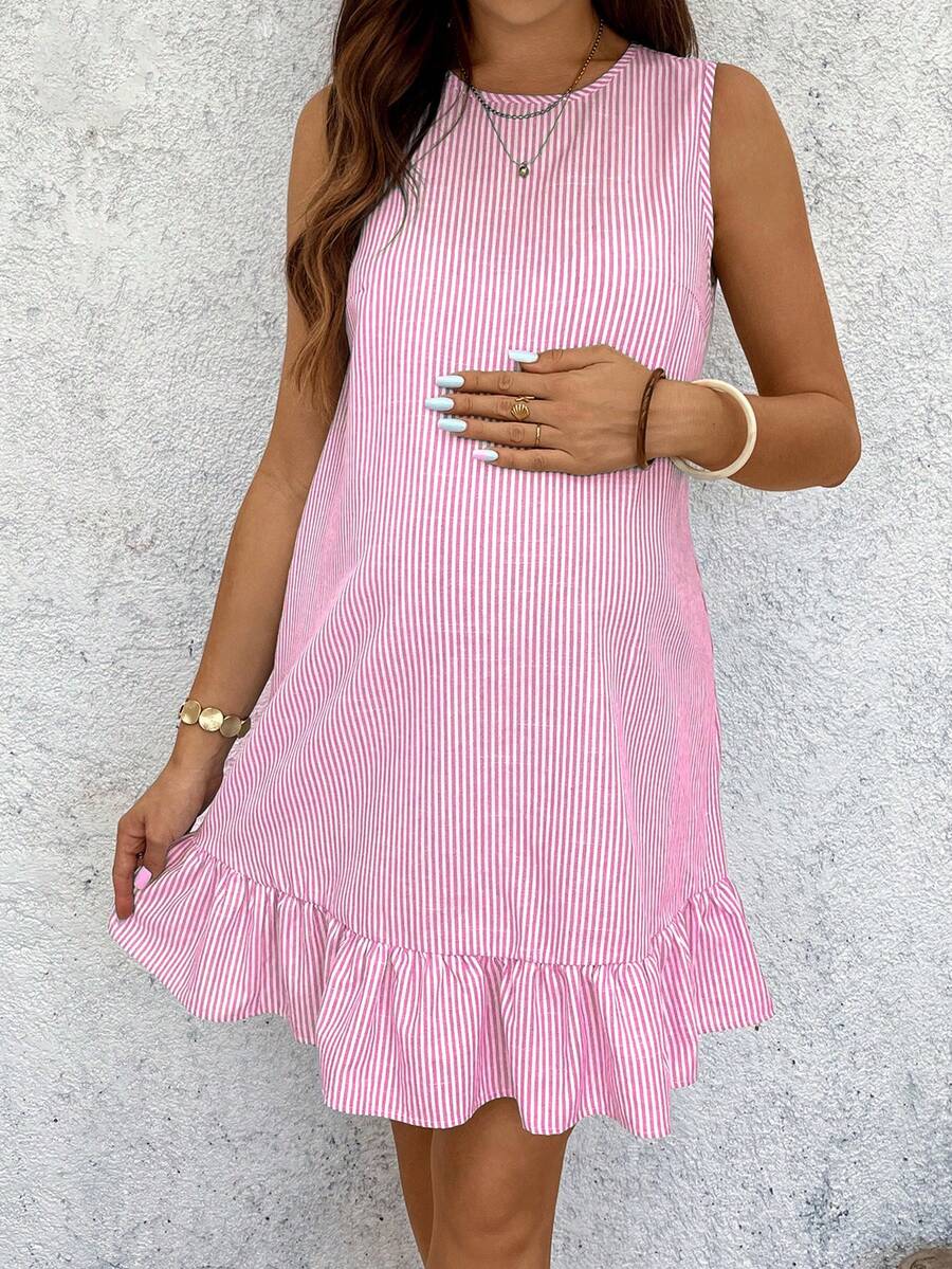 Yellow Cotton Pinstriped Sleeveless Maternity Summer Dress - Cute Round Neck Ruffle Hem Smock Sundress for Vacation and Casual Wear