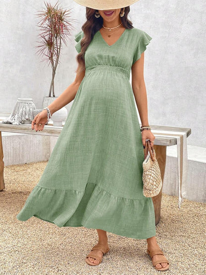 Women's Blue Maternity Deep V Neck A-Line Dress with Shirred High Waist and Ruffle Hem Cap Sleeve Long Casual Summer Gown