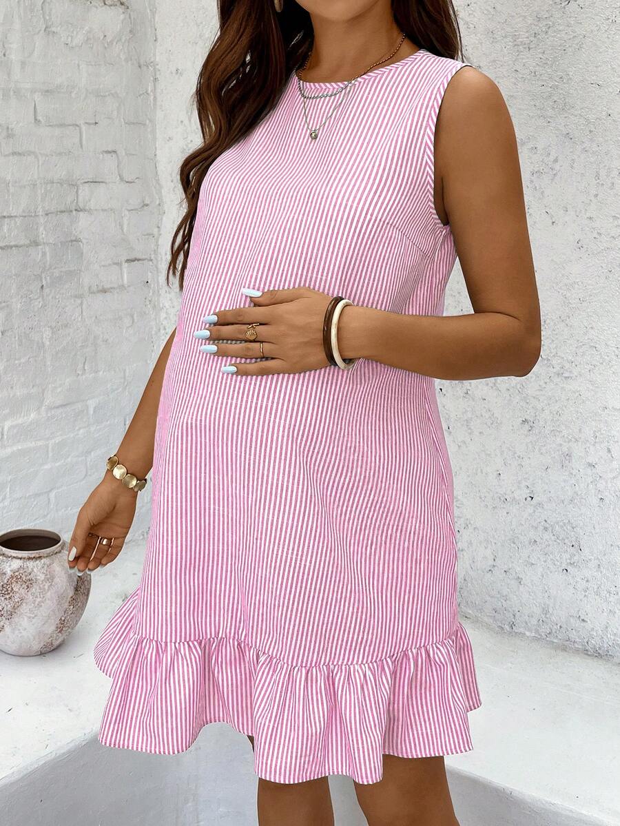 Maternity Casual Striped Ruffle Hem Sleeveless Dress Cotton V Neck Short Summer Sundress for Work Beach and Daily Wear Navy Blue