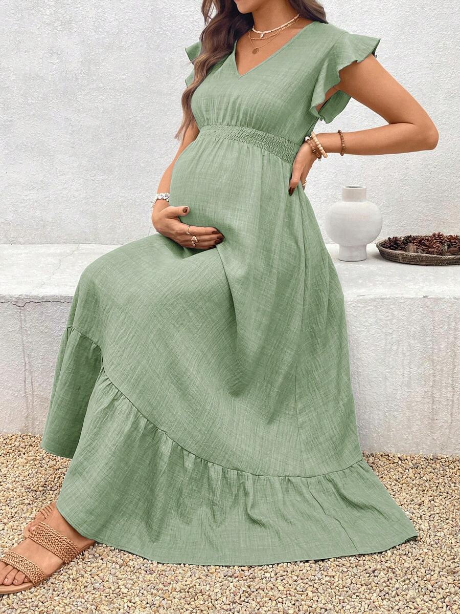 Women's Blue Maternity Deep V Neck A-Line Dress with Shirred High Waist and Ruffle Hem Cap Sleeve Long Casual Summer Gown