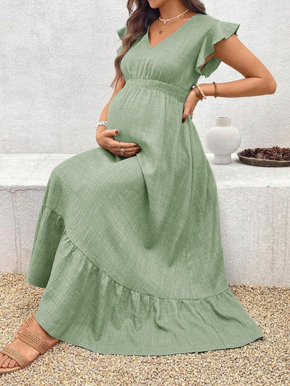 Women's Blue Maternity Deep V Neck A-Line Dress with Shirred High Waist and Ruffle Hem Cap Sleeve Long Casual Summer Gown