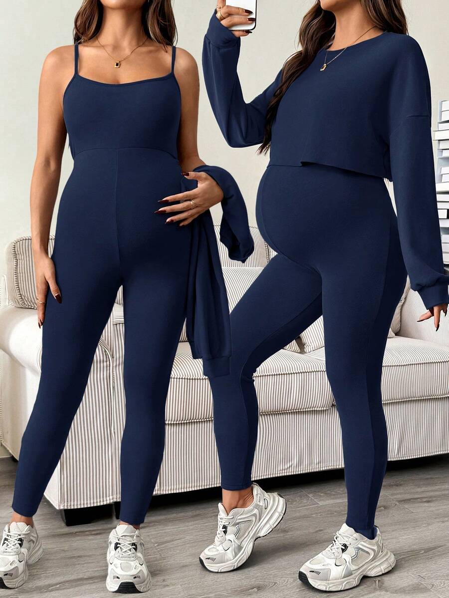 Maternity 2 Piece Set - Solid Color Drop Shoulder Long Sleeve Tee and Jumpsuit Casual, Black