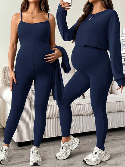 Maternity 2 Piece Set - Solid Color Drop Shoulder Long Sleeve Tee and Jumpsuit Casual, Black