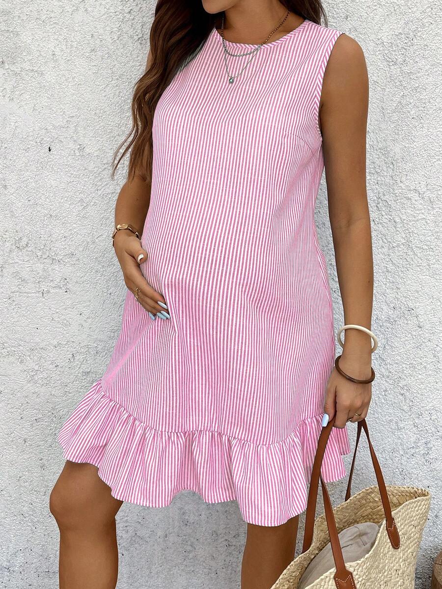 Maternity Casual Striped Ruffle Hem Sleeveless Dress, Cotton Dress For Summer 100 Cotton Dresses  Women Short Dresses Summer Work Summer Dresses Cotton Summer Dress Maternity Summer Dress Summer Maternity Dress Maternity Sundress Cotton Summer Dress