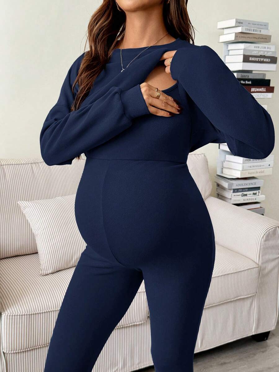 Maternity 2 Piece Set - Solid Color Drop Shoulder Long Sleeve Tee and Jumpsuit Casual, Black