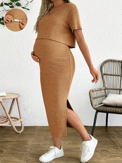 Maternity 2 Piece Set - Solid Color Short Sleeve Top and Skirt Summer Casual, Pregnancy Loungewear
