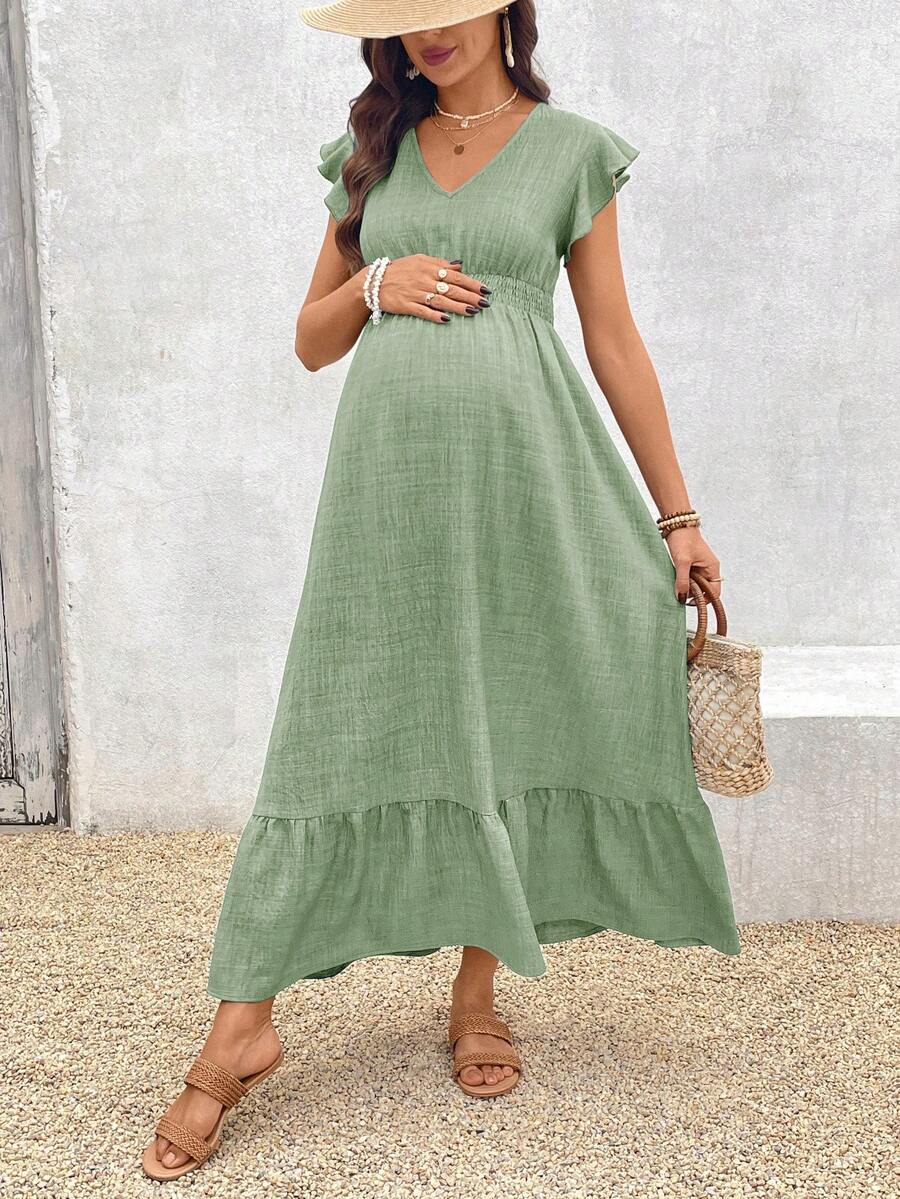 Women's Blue Maternity Deep V Neck A-Line Dress with Shirred High Waist and Ruffle Hem Cap Sleeve Long Casual Summer Gown