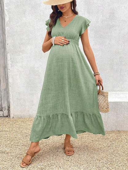 Women's Blue Maternity Deep V Neck A-Line Dress with Shirred High Waist and Ruffle Hem Cap Sleeve Long Casual Summer Gown