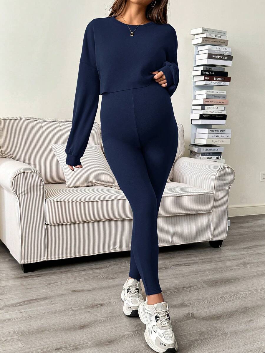 Maternity 2 Piece Set - Solid Color Drop Shoulder Long Sleeve Tee and Jumpsuit Casual, Black