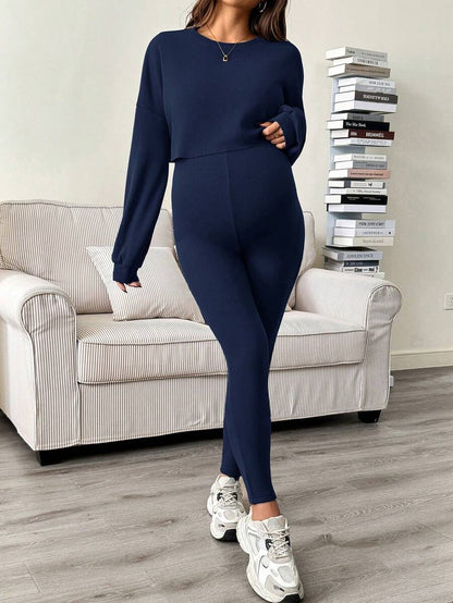 Maternity 2 Piece Set - Solid Color Drop Shoulder Long Sleeve Tee and Jumpsuit Casual, Black