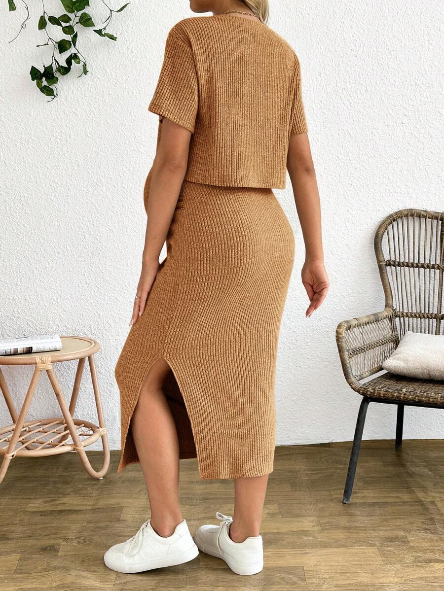 Maternity 2 Piece Set - Solid Color Short Sleeve Top and Skirt Summer Casual, Pregnancy Loungewear