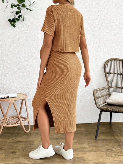 Maternity 2-Piece Set - Round Neck Crop Tee & Split Long Skirt, Apricot