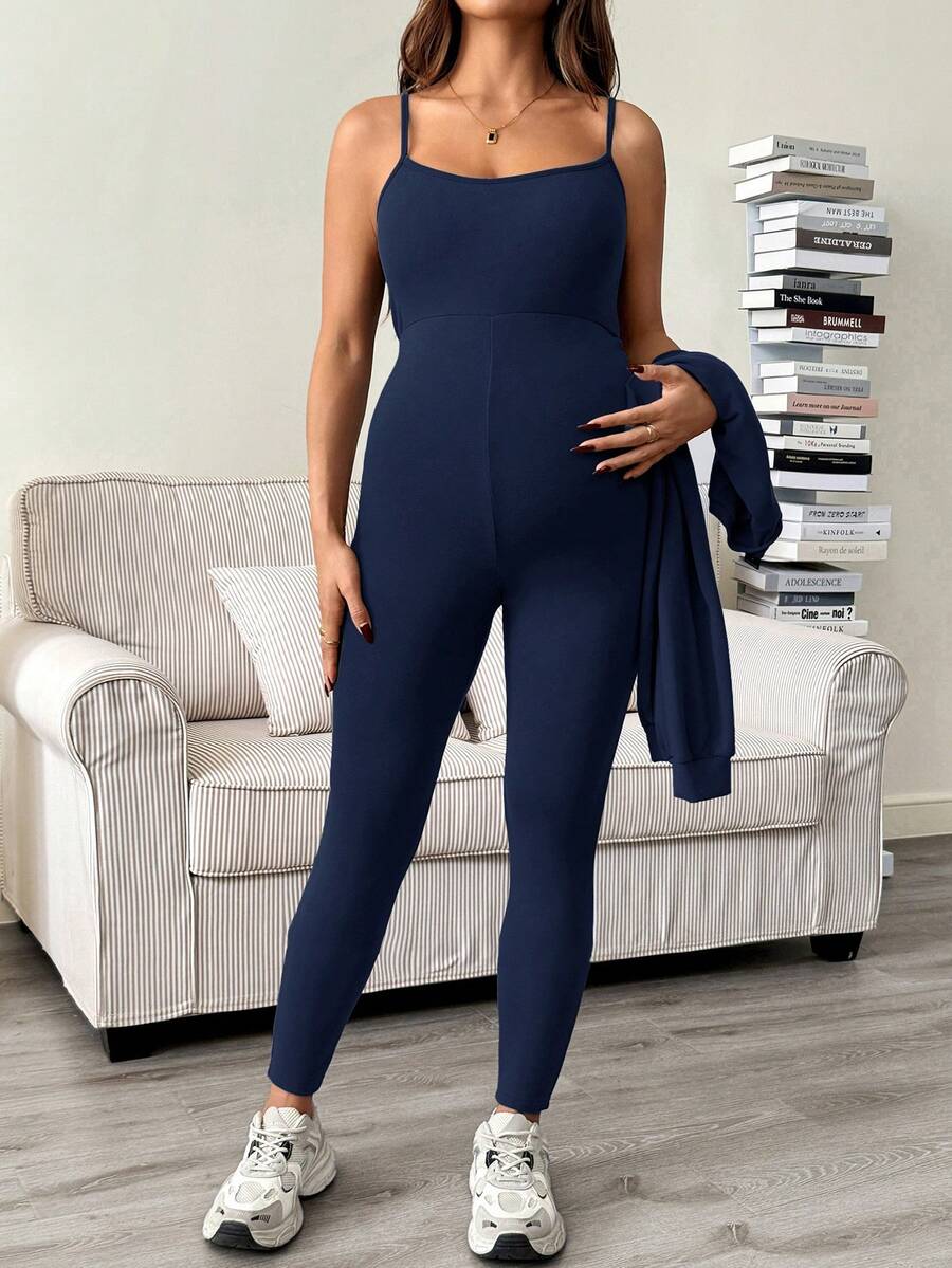 Maternity 2 Piece Set - Solid Color Drop Shoulder Long Sleeve Tee and Jumpsuit Casual, Black
