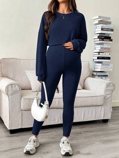 Maternity 2 Piece Set - Solid Color Drop Shoulder Long Sleeve Tee and Jumpsuit Casual, Black