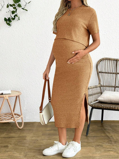 Maternity 2 Piece Set - Solid Color Short Sleeve Top and Skirt Summer Casual, Pregnancy Loungewear