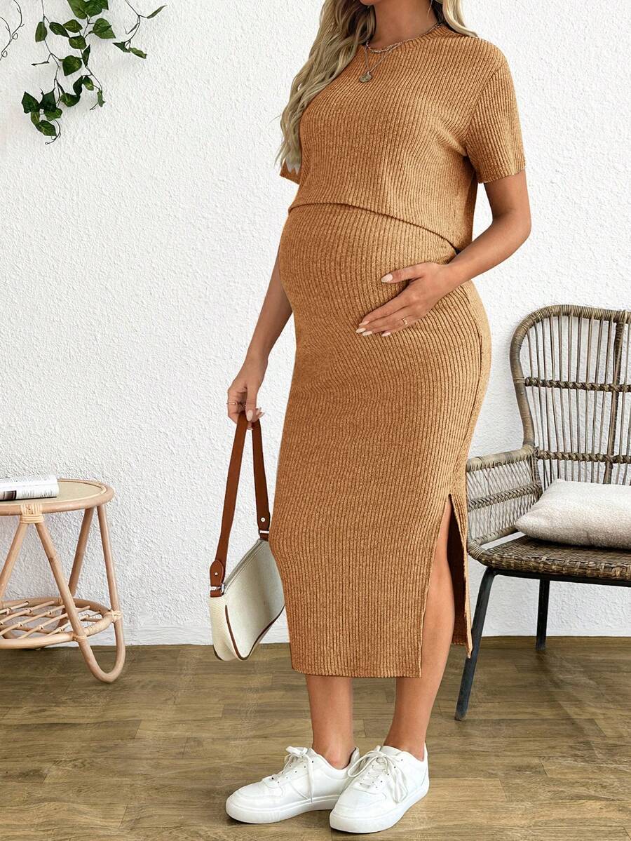 Maternity 2-Piece Set - Round Neck Crop Tee & Split Long Skirt, Apricot