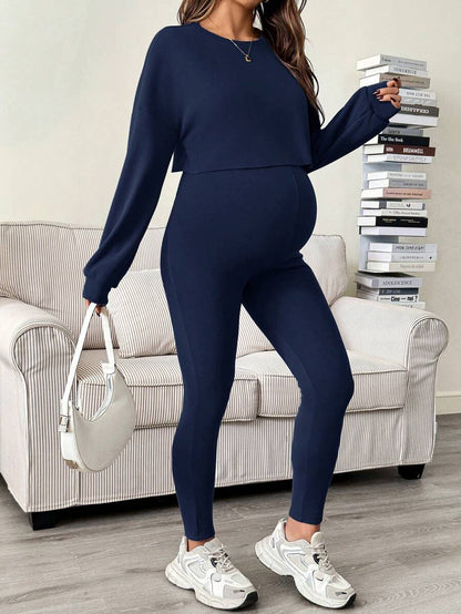 Maternity 2 Piece Set - Solid Color Drop Shoulder Long Sleeve Tee and Jumpsuit Casual, Black