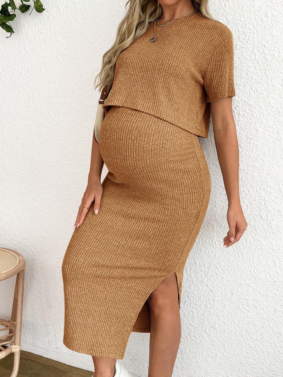 Maternity 2-Piece Set - Round Neck Crop Tee & Split Long Skirt, Apricot