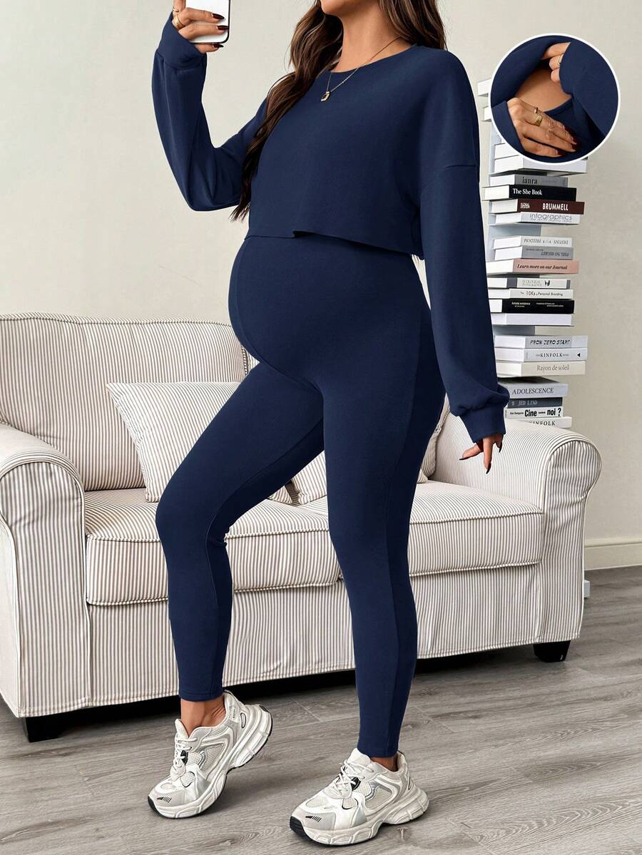 Maternity 2 Piece Set - Solid Color Drop Shoulder Long Sleeve Tee and Jumpsuit Casual, Black