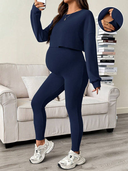 Maternity 2 Piece Set - Solid Color Drop Shoulder Long Sleeve Tee and Jumpsuit Casual, Black