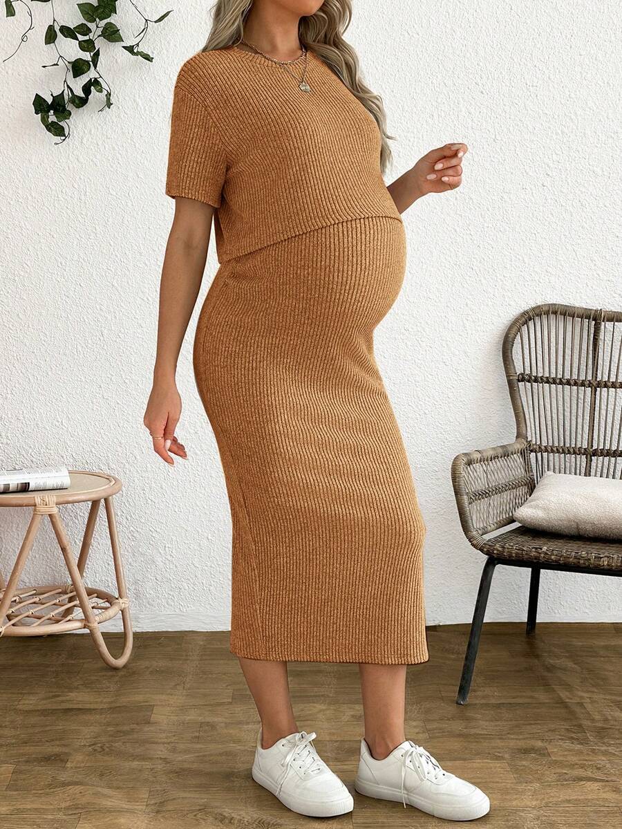 Maternity 2 Piece Set - Solid Color Short Sleeve Top and Skirt Summer Casual, Pregnancy Loungewear