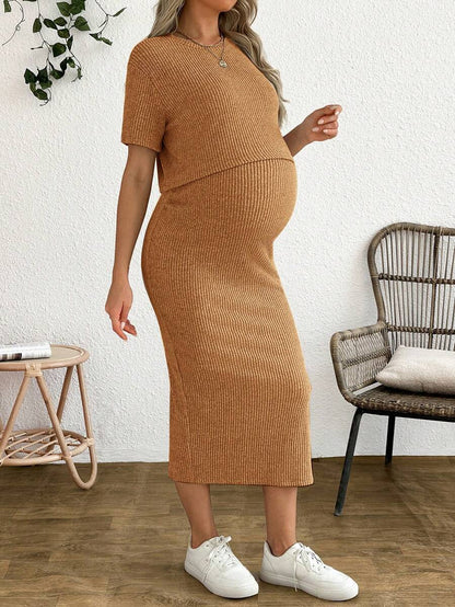 Maternity 2-Piece Set - Round Neck Crop Tee & Split Long Skirt, Apricot